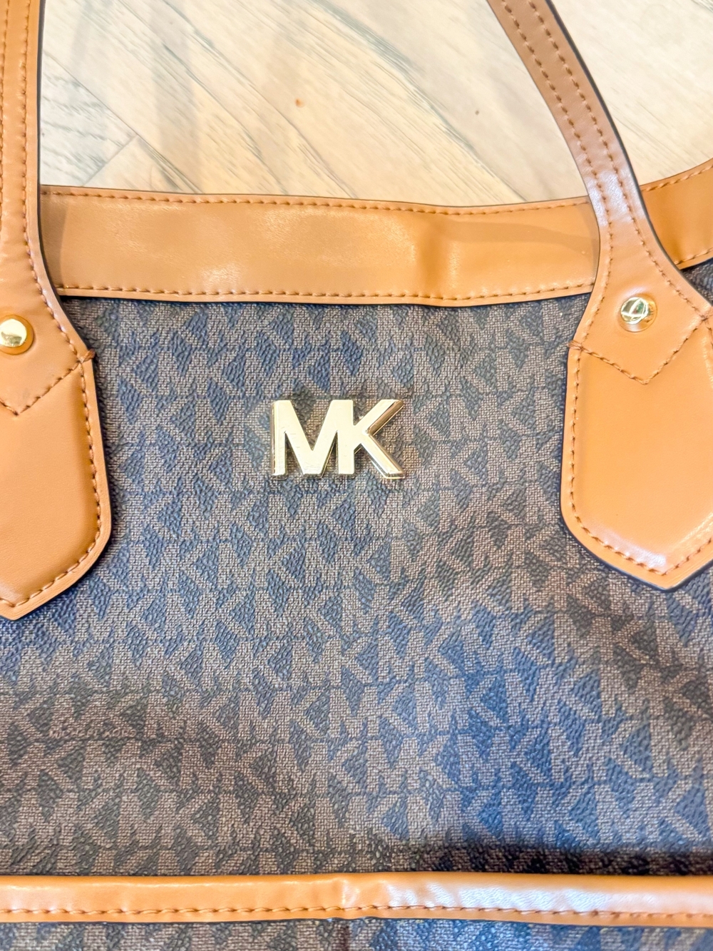 Michael Kors Navy MK Logo Tote with Tan Trim